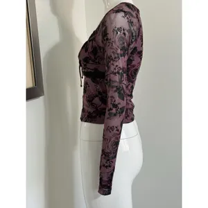 Derek Heart Y2K Purple Mesh Floral Lace Trim Long Sleeve Crop Top Grunge Blouse Women’s M thumbnail 3