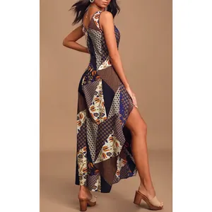 NWOT Lulus Bon Voyage Navy Blue Mixed Print Wide Leg Jumpsuit Slit Pants XS thumbnail 3