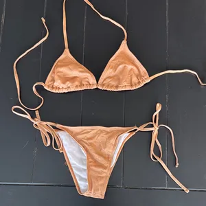 SHEIN Shimmery Peachy-Orange Tie Side Triangle Bikini thumbnail 1