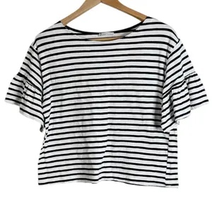 Zara Deep Navy/White Striped Short Ruffle Sleeve Boxy Cut Top/Tee size M thumbnail 1