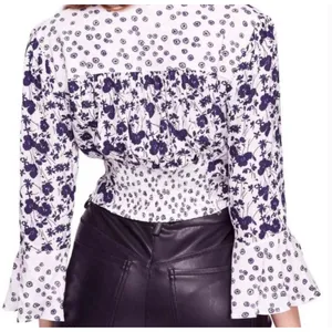 Free People Lady Bohemian Cropped Blouse Navy White‎ Floral Bell Sleeve Large thumbnail 2