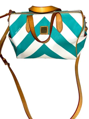 Dooney & Bourke Turquoise and White Chevron Satchel with Tan Trim thumbnail 1