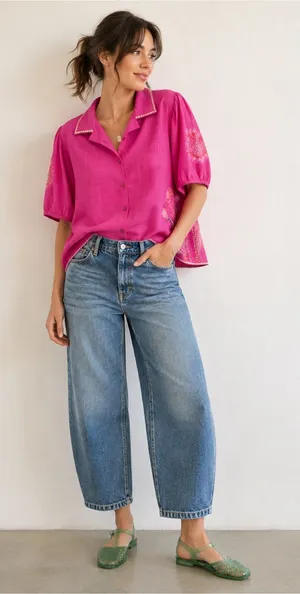 POL Bright Pink Embroidered Puff Short Sleeves Button-Front Blouse Size Large thumbnail 1