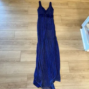 Mac Duggal Blue Sequin Beaded Sheath V-Neck Sleeveless Prom Formal Dress thumbnail 6