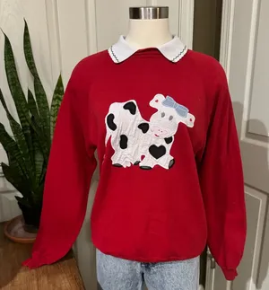 Vintage Kawaii Cow Graphic‎ Fleece Sweatshirt Collared L Cottagecore thumbnail 1