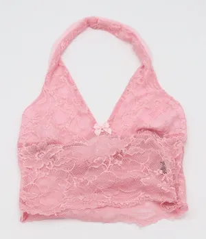 SHEIN Halter Top Womens XS Floral Lace Pink Bow Detail Cropped Excellent thumbnail 1