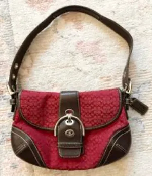 RARE Vintage Coach Mini Soho Signature Red Jacquard Brown Leather Flap Buckle Shoulder Bag thumbnail 12