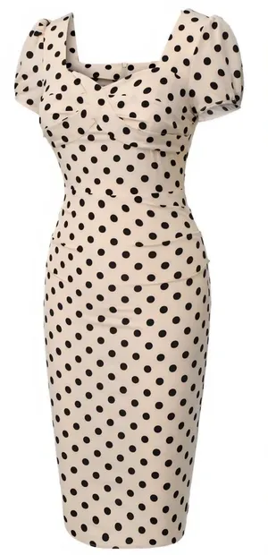 Retro Stage 60's Style Polka Dot Puff Sleeve Dress in Beige and Black, Size 2XL thumbnail 1