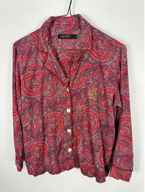 Lauren Ralph Lauren Pajama Top Womens L Red Paisley Long Sleeve Sleep Shirt‎ LRL thumbnail 1