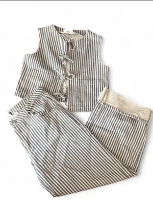 Daisy Street Striped Two-Piece denim Set - blue & White thumbnail 1