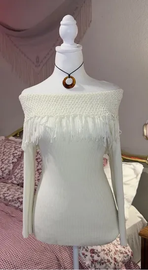 Y2K Off-Shoulder Fringe Knit Sweater - Ivory thumbnail 1
