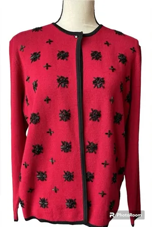 Pendleton Red Open Cardigan w Black‎ Snowflakes Wool Blend XL Tall thumbnail 1
