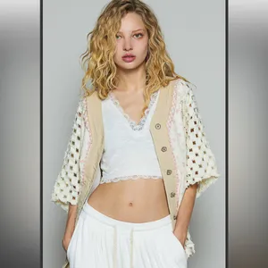 M POL Patchwork Cream and Beige Crochet Sleeve Cardigan thumbnail 4
