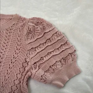 Express Pink Puff Sleeve Blouse with Ruffled Ribbed Design thumbnail 4