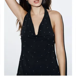 Zara NWT black cowl neck halter top with embellished dotted studs thumbnail 3