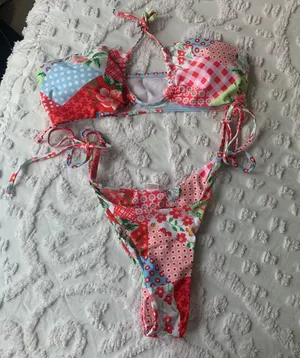 Amazon Women’s Small  Strawberry Shortcake Patchwork Bandeau Bikini Set thumbnail 3