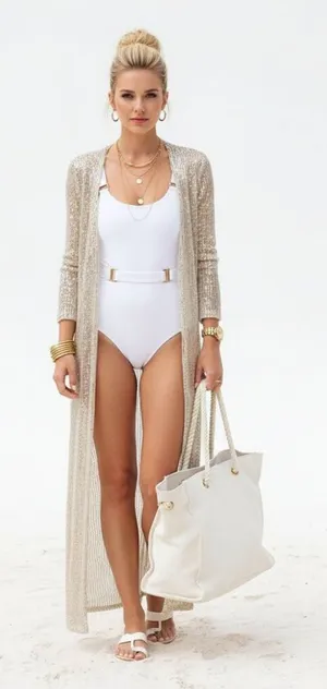Caramela Tan & Gold Metal Embellished Open Front Sheer Duster Sweater L thumbnail 1