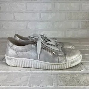 Gabor Platform Sneakers Womens 8 Silver Leather Metallic Lace Up Zip Comfort thumbnail 3