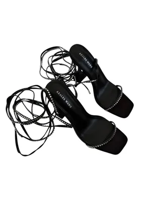 NEW AZALEA WANG Sophie Rhinestone Lace Up Sandal in Black Size 9 thumbnail 7