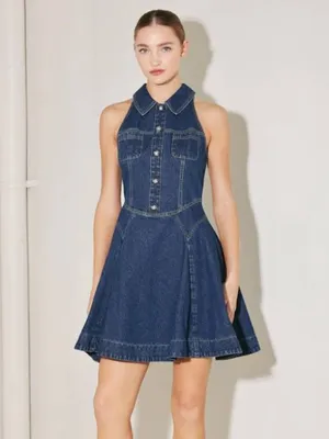 Nordstrom Denim Halter Mini Dress Button Front Fit & Flare A-Line Sleeveless M thumbnail 5