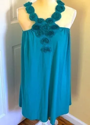 Celebrity Pink turquoise green halter top/dress. Handmade flowers . Size Large. thumbnail 1