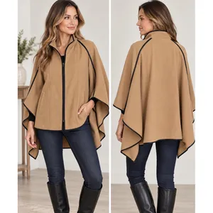 A New Day Camel Brown Zip Up Cape Jacket with Faux Leather Trim Size M New Tags thumbnail 2