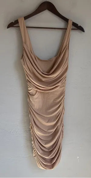 Saints + Secrets Womens US Small Nude Tan Ruched Cowl Neck Bodycon Mini Dress thumbnail 1