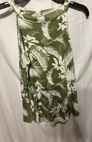 Olive Green Tropical Halter Tank with White Leaf Print Size M thumbnail 1