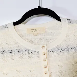 Sezane Lyna Wool Crochet Patterned Knit Henley Button Pullover Sweater Ivory S thumbnail 2