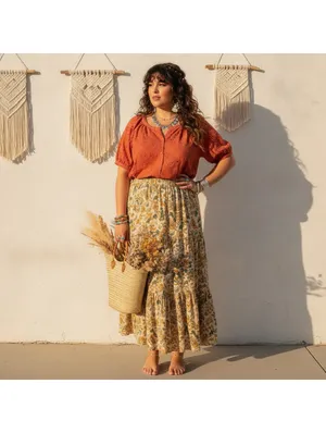 Rust Orange Eyelet Embroidered Puff Sleeve Button Front Blouse Boho Top 1X Size XL thumbnail 5