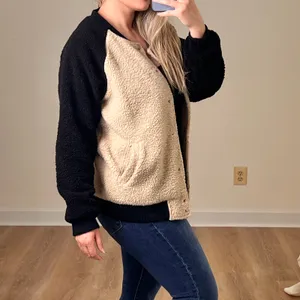 Movint Colorblock Raglan Sleeve Fleece Bomber Jacket L Black Tan Teddy thumbnail 2