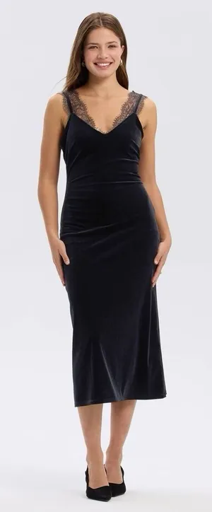 A New Day NWT Sleeveless Velvet‎ Midi Slip Dress Size Large Black Lace Trim thumbnail 1