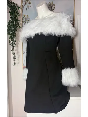Womens Black Off Shoulder Faux Fur Trim Mini Dress Size XL Fit Flare Long Sleeve thumbnail 7