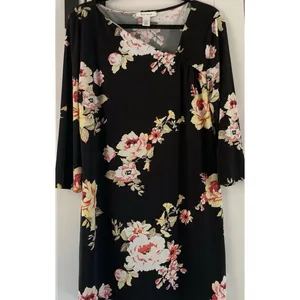 WHBM Black Floral Shift Dress XL Pink Rose Print 3/4 Sleeve Career Church thumbnail 7