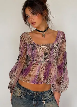 Y2K sz M Purple Animal Print Sheer Cottage‎ Smocked Peasant Babydoll Top Boho thumbnail 1