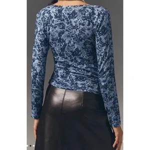 Pilcro Anthropologie Long-Sleeve Cinched V-Neck Top Blue Floral Sz M NEW Classic thumbnail 2
