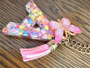 Yika Letter A Initial Keychain Resin Charm w/ Butterfly Tassel Pendant Pink NWOT thumbnail 6