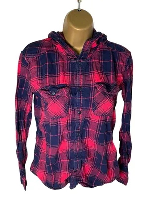 Aritzia TNA Hooded Plaid Boyfriend Fit Button Down Long Sleeve Red Navy XS thumbnail 1