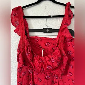 Free People Bijou Skirt Set Cherry Red Floral 2 Pc Smocked Back Ruffle sz 4 thumbnail 5