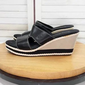 Tommy Bahama Kamala Wedge‎ Heel Leather Slide Sandals Black White 9 thumbnail 3