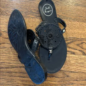 Jack Rogers Black Leather Round Medallion Thong Sandals, 7 thumbnail 2
