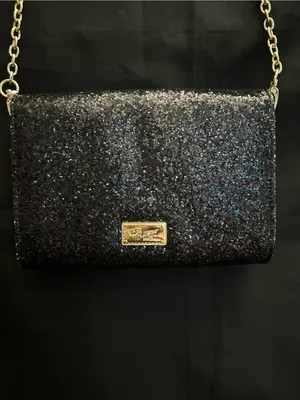 Betsey Johnson Black Glitter Heart-Eyes Crossbody Bag Striped Inside thumbnail 8