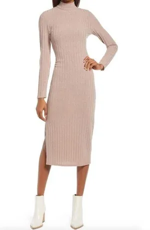 Floret Studios New Twist Open Back Long Sleeve Ribbed Sweater Dress Mocha thumbnail 1