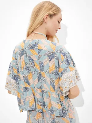 AE Floral Lace-Up Flutter-Sleeve Blouse thumbnail 2