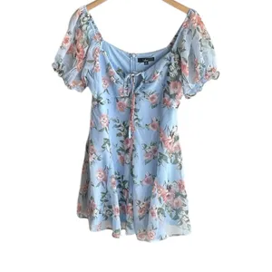 Lulus Precious Perspective Light Blue Floral Puff Sleeve Mini Dress thumbnail 4