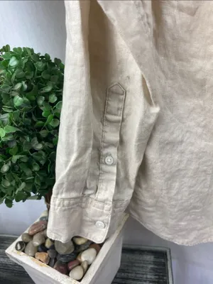 Uniqlo 100% Linen Tan Long Sleeve Button Blouse Top M thumbnail 4