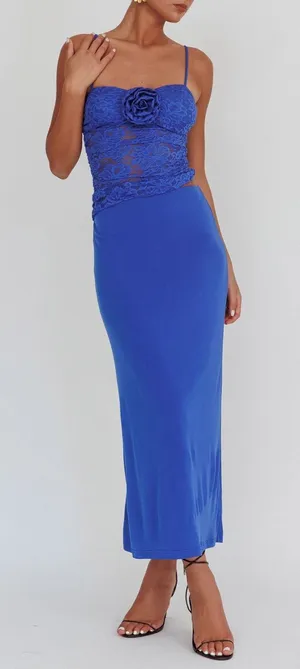 Saints + Secrets Selfie Leslie Lorely Lace Rosette Maxi Dress in Blue thumbnail 1