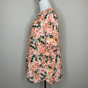 LOFT Peach Floral Blouse Crinkle Fabric Sz XL 100% Viscose thumbnail 3