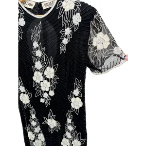 J.K. Laing Vintage Silk Beaded Floral Shift Dress Black White XL Keyhole‎ Back thumbnail 4