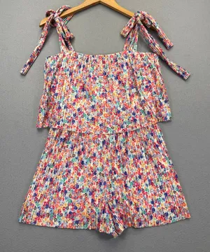 Amanda Uprichard Floral Pleated Romper Tie Shoulder Square Neck Multicolor M thumbnail 1